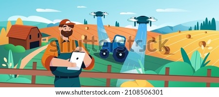 Cartoon farmer with digital tablet using robot drone to automate irrigation and spray liquid fertilizer of agricultural field. Agriculture innovation technology or smart farming system concept.