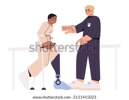 Flat physiotherapy doctor help patient to walk on prosthesis. Guy with crutches after amputation surgery. Man with prosthetic leg perform exercises for mobility. Physical rehabilitation center concept Imagine de stoc © 