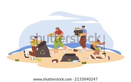 Flat volunteers collect different kinds of garbage, pick up rubbish on sea beach. People with trash bags and rake clean up waste or litter for recycle. Concept of ecology problems and ocean pollution.