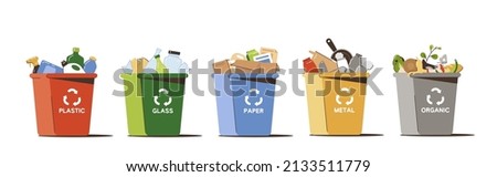 Trash bins for separate and recycle garbage. Containers for sort plastic, glass, paper, metal and organic waste for recycling. Flat different colors rubbish cans for sorting and segregation litter.