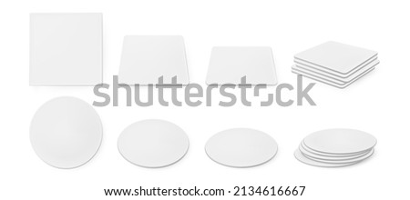 White paper coasters for beer mug in top and side view. Square and round shapes beermat stack. Bierdeckel for cup or tankards. Blank cardboard mats different shapes realistic 3d vector mockup.