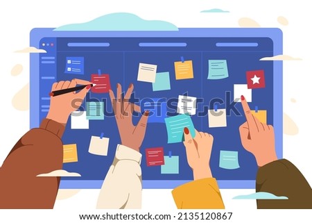 Flat scrum task board with hands of team members and color paper stickers. Group of software developers create work project schedule with sticky notes. Teamwork development, sprint planning concept.