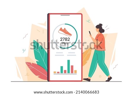 Flat woman using mobile for counting steps. Girl hold phone with pedometer or fitness tracker. Step counter app on smartphone. Track daily walking progress on device screen. Healthy lifestyle concept. Foto stock © 