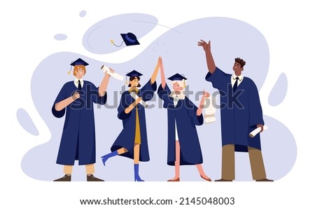 Flat graduate students in mantle and cap holding university diploma, paper scroll. Happy young people in academic gown with bachelor degree celebrating graduation from college, university, high school