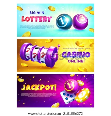 Lottery banners with realistic balls with winning combination numbers. Gambling games poster with slot machine with lucky three sevens jackpot, gold poker and casino chips and flying shiny coins.