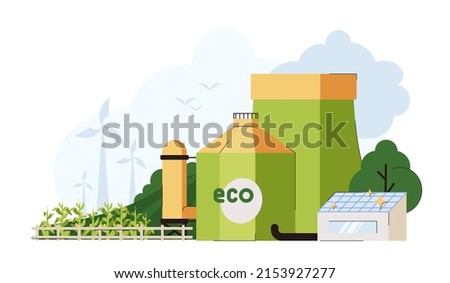 Flat biofuel production plant with cornfield plantation. Eco industrial factory. Biodiesel or biogas production energy from organic corn for biomass. Alternative power, eco renewable industry.