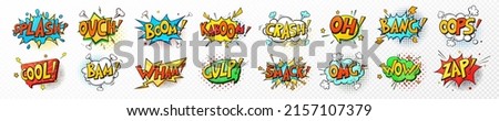 Vector set comic speech bubbles, book sound effects. Pop art messages different shapes, emotions. Comics font label tag expression, fun book balloon. Cartoon explosion cloud phrase on white background