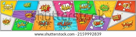 Pop art comic book speech bubbles and sound effects on colorful background. Funny vintage strip layout mock up. Cartoon vintage explosion cloud messages, bang explosion with talk phrases, text boxes. Foto d'archivio © 