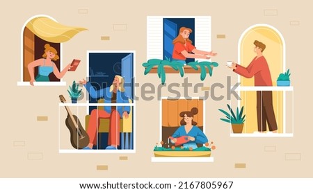 House facade with neighbors in open windows and balconies. Happy people look out of window sharing cup of coffee, books and young girl watering plants. Good neighborhood communication and relationship