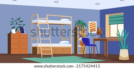 Flat student dormitory room or hostel. University or college dorm bedroom empty interior with bunk bed, desk at window, chair and bookshelf. Living apartment or accommodation with wooden furniture.