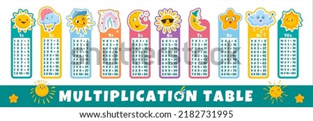 Vector flat multiplication table with weather characters for children. Printable bookmarks or stickers with cute sun, funny moon, rain, happy star and rainbow for kids learning or class education.