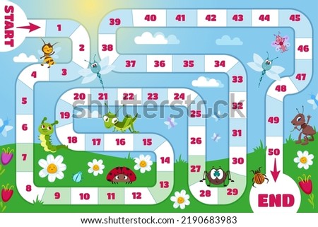 Family board game for children. Kids play boardgame with path and numbers on green meadow, start and finish sign, flowers, bugs, ant, ladybug and grasshopper. Cartoon vector illustration.