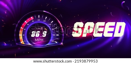 Realistic car speedometer, odometer and tachometer measure. Auto digital dashboard, round indicator vector illustration on night glowing background. Speed counter, neon gauges for vehicle panel