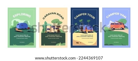 Set of camp posters with camper van, chair and surfboard. Flyer with camping trailer cars. Rv caravan transportation, motorhome or trucks. Vector banner with summer landscape with trees and campsite.