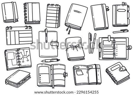 Doodle illustration set of notebooks, stationery and planners. Hand drawn icons of bullet journal, diary book and calendar. Graphic outline elements for writing isolated on white background.