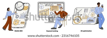 Mobile SEO, keyword ranking and alt optimization concept with working people, computer, phone, laptop. Analytics with keys, growth charts. Internet marketing agency with magnifier and graphs on screen