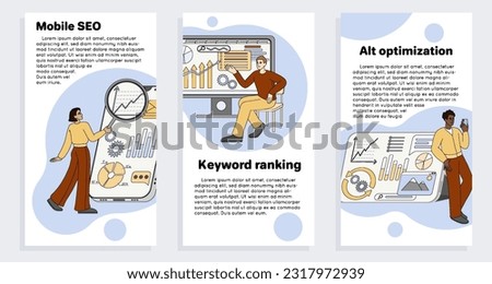 Mobile SEO, keyword ranking and alt optimization stories flat design. Set of banner templates with analytics of keys and growth charts. Internet marketing agency with magnifier and graphs on screen.