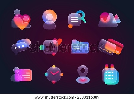 Realistic set of glassmorphism ui icons for website or mobile app. Vector illustartion of location, chat, gallery, contact, calendar, credit card and clock glass morphism transparent design elements.