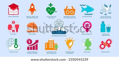 Flat icons of sustainable development goals. SDG signs on blue background. Set of 17 global targets for improve education, health and economic growth, reduce inequality. Partnership for the goals