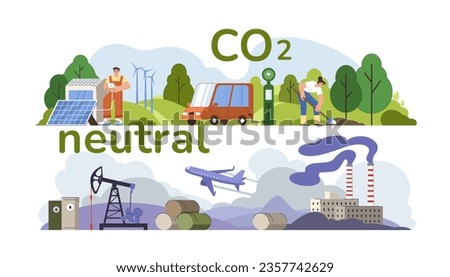 CO2 neutral, eco balance concept. People help save carbon neutrality, compensate air pollution from factories and industry. Characters protect atmosphere from smog and reduce emissions to environment.