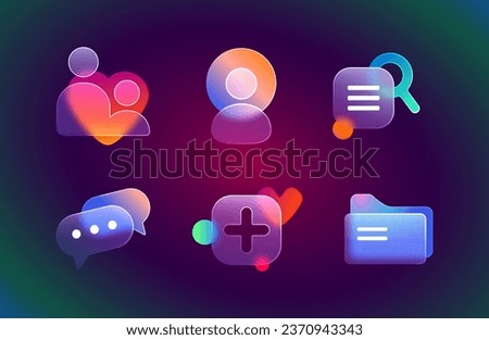Realistic set of glassmorphism ui icons for website or mobile app. Vector illustration of contact, folder, search, chat, add and user glass morphism effect design elements, buttons with blur gradient.