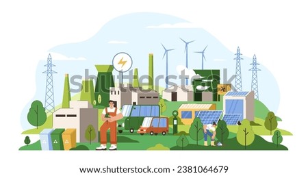 Net zero emissions, carbon neutral concept. People reduce gas emissions from factories. Characters protect atmosphere from air pollution. Save the planet, green city. Renewable energy, reforestation.