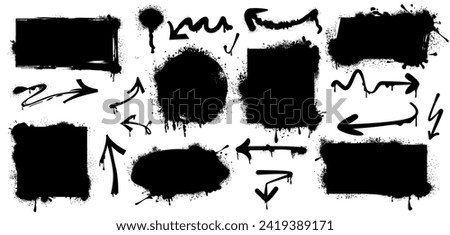 Black spray paint frames, arrows and drips. Graffiti borders in shape of rectangle, square, circle and oval isolated on white background. Vector grunge set of blobs and ink splashes with splatters.