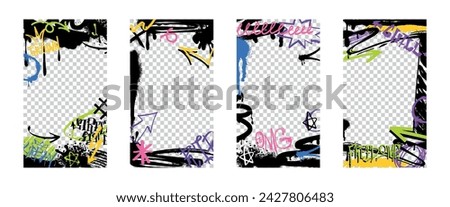 Spray paint borders or frames with graffiti color tags and urban elements with ink drips. Vector set of covers with abstract street art decoration, arrows and icons isolated on transparent background.