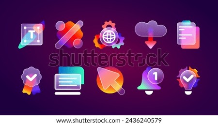 Realistic glassmorphism matte ui icons with blurred neon gradient. Transparent frosted glass morphism icon set of notification bell, solution bulb, laptop, web settings, percent discount, download.