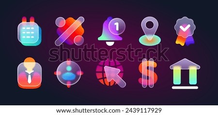 3d glassmorphism icons for website or mobile app. Transparent frosted glass morphism ui icon set with blur neon gradient of bank, notification, business strategy, calendar, location pin, dollar symbol