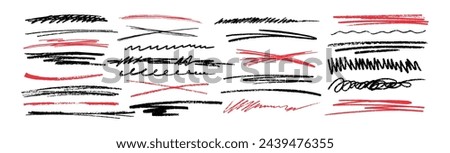 Hand drawn grunge strikethrough, charcoal underlines, scribbles and strokes. Red and black pencil highlight lines, chalk squiggles, marker crosses isolated on white background. Doodle vector elements.