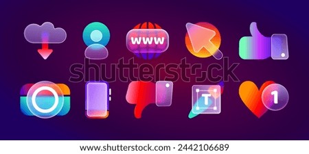 Realistic ui icons with blur neon gradient in glassmorphism style. Transparent frosted 3d glass morphism design icon set of user, camera, like, dislike, phone, heart, download for website, mobile app.