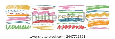 Colorful crayon underlines, scribbles or wavy brush strokes. Kids hand drawing doodle charcoal squiggles, chalk curly lines. Pencil colored strips and rough highlighters isolated on white background.