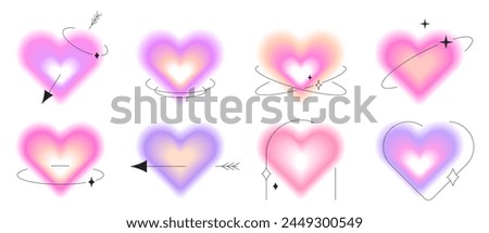 Set of y2k valentine gradient hearts with blur effect. Blurred aura soft pastel color elements, glow aesthetic stickers with linear forms and sparkles. Modern minimalist love symbol for valentine day.