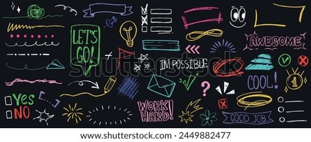 Hand drawn sketch pencil text underline, arrow, emphasis line accent element and expression sign. Doodle punctuation marks, charcoal scribbles, strokes. Color frame, check list, tick and checkbox icon