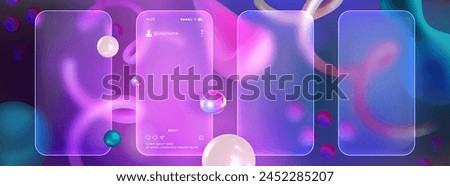 Matte phone screen mockup in glassmorphism style. Realistic set of transparent glass morphism blurred mobile frames or smartphone frosted plates with abstract 3d floating shapes on purple background.