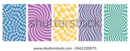 Set of psychedelic checkerboard background with warped grid tile, tunnel, spiral and swirl. Checkered seamless geometric pattern in groovy y2k style. Chessboard poster with twisted or distorted effect