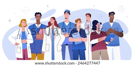 Group of happy doctors or medical team in hospital. Multiethnic nurses, young interns or physician specialists in uniform. Flat medics, healthcare workers or medic characters. Smiling staff in clinic.