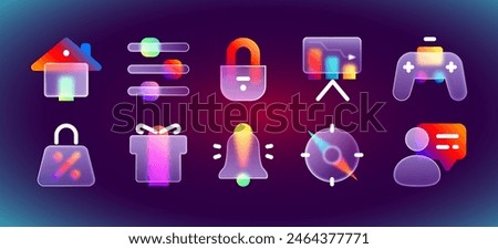 Transparent frosted glass morphism ui icons with purple neon gradient. Realistic matte blur buttons with glassmorphism effect for interface. Vector notification, gift box, shopping bag, gamepad, lock.