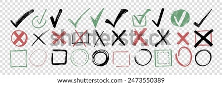 Doodle hand drawn chalk check mark set. Charcoal pencil checklist icons, sketch checkboxes, tick and cross symbols. Crayon checkmark element. Color correct or incorrect marks on transparent background