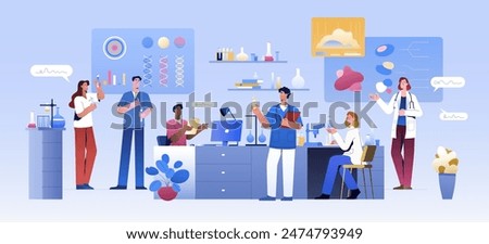 Group of scientists in lab room. Scientific medical in chemical laboratory conduct pharmaceutical science experiment, biology research. Flat doctors or pharmacology assistants work on drug development