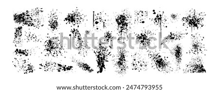 Spray paint drips, inky blots or splashes. Black splatters, graffiti inkblot spots with dusty speckle effect on white background. Paintbrush splotch, ink drop, liquid blob. Dirty grunge splash stains.