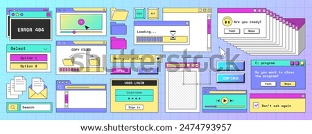 Retro computer interface, digital screen with open software windows, buttons, browser, folder, file, loading progress bar and error icons in trendy y2k style. Vaporwave old desktop pc design elements.