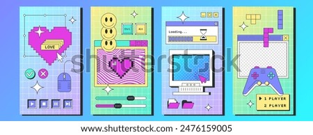Social media posters template with retro desktop computer interface with buttons, folders, game console, loading bar, message frames. Old pc screen with browser window, stickers in y2k vaporwave style