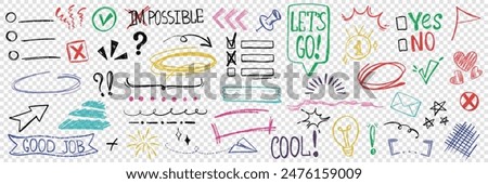 Hand drawn sketch chalk pencil punctuation marks, underline, emphasis, arrow, cross and pen frames. Correction or highlight elements. Color doodle checklist, phrases, check mark symbols to select text