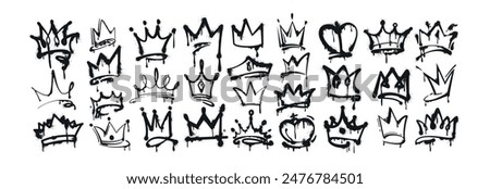 Vector spray paint crown set. Black ink graffiti king, queen or prince crowns with splashes and drips on white background. Hand drawn princess tiara and diadem. Royal head accessories in street style.