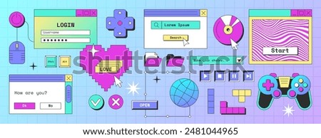 Old desktop pc screen elements in y2k style. Retro computer interface with login box, buttons, message frames, windows, folder with files, game controller, search bar, pixel heart icon. Geek stickers.