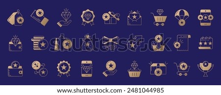 Exclusive benefits icon. Loyalty program offer line icons set with bonus card, vip member, discount voucher. Golden linear gift box, sale coupon, reward, shopping bag, star coins in wallet or basket.