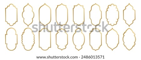 Gold islamic window shape. Arabic golden arch, ramadan kareem frames. Muslim mosque silhouette of moroccan border, portal. Eid mubarak oriental mirror set. Arabian arhitecture elements of door or gate