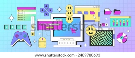 Old desktop pc screen elements in trendy y2k style. Retro computer interface with windows, buttons, message frames, folder with files, game console, mouse cursor and smile face icons. Geek sticker set